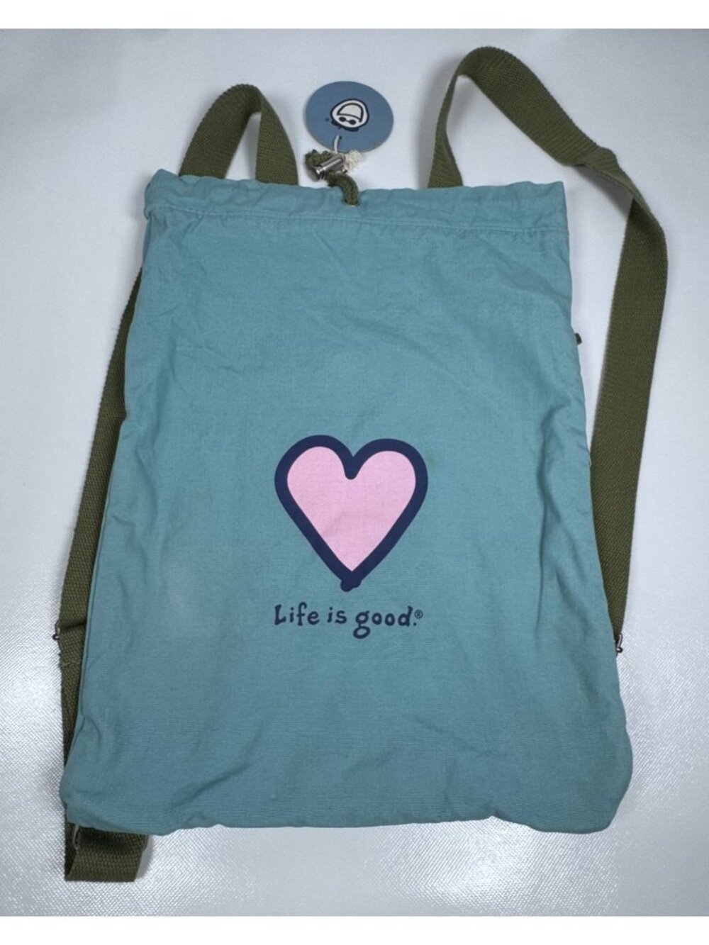 Life Is Good Canvas Backpack Heart Print Adjustable Straps Drawstring Closure